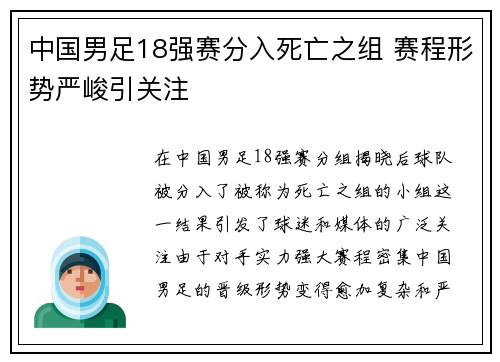 中国男足18强赛分入死亡之组 赛程形势严峻引关注 中国男足18强赛分入死亡之组 赛程形势严峻引关注